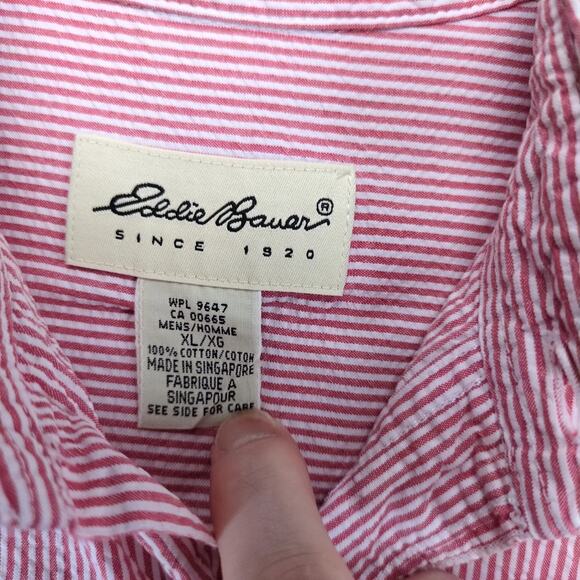Vtg Y2K Eddie Bauer Red Striped Seersucker Button Down Shirt Men's XL Short Slv - Picture 3 of 10